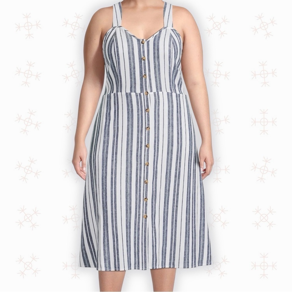 NWT Terra & Sky ‘Button Front Tank Dress’ in White & Navy Blue Stripe Plus Sz 2X - Picture 1 of 13